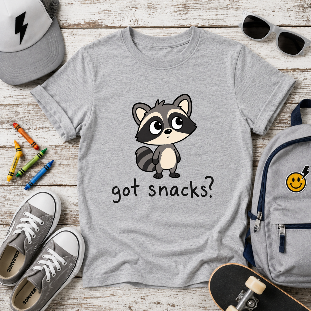 Cute Raccoon "got snacks?" Funny Graphic Tee for Kids