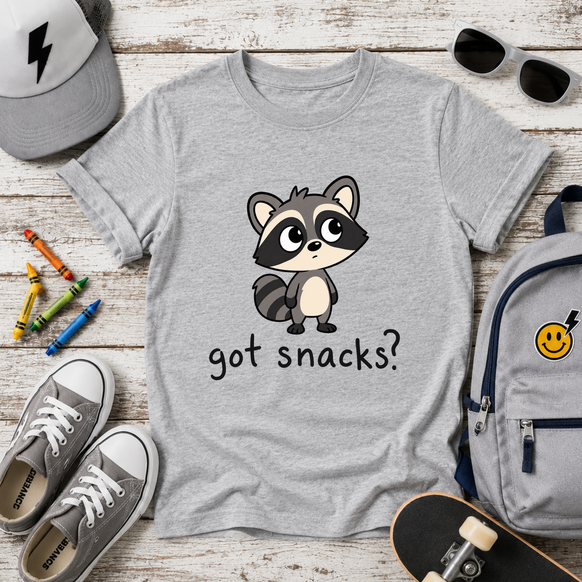 Cute Raccoon "got snacks?" Funny Graphic Tee for Kids