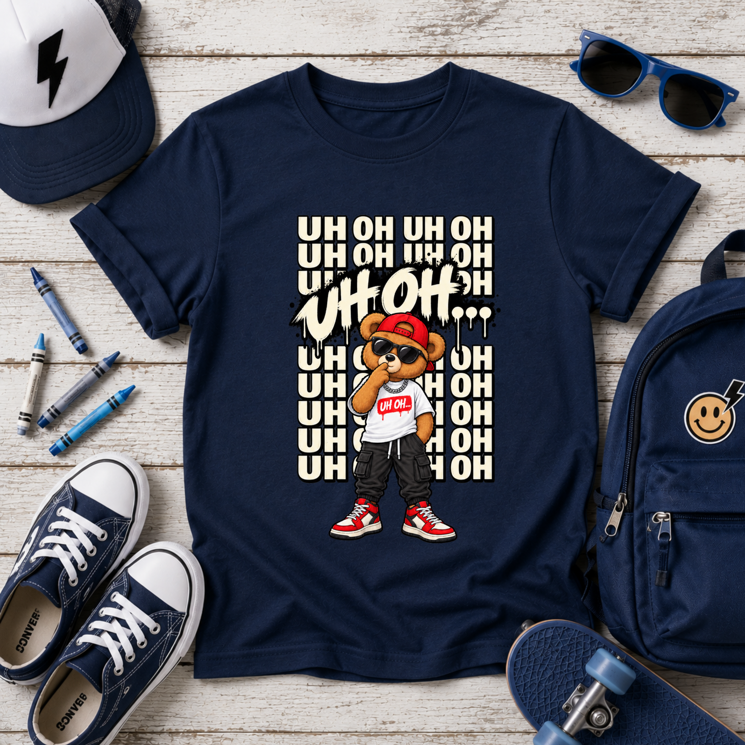 Kids Bear Graphic Tee "Uh Oh" Streetwear Hip-Hop Shirt