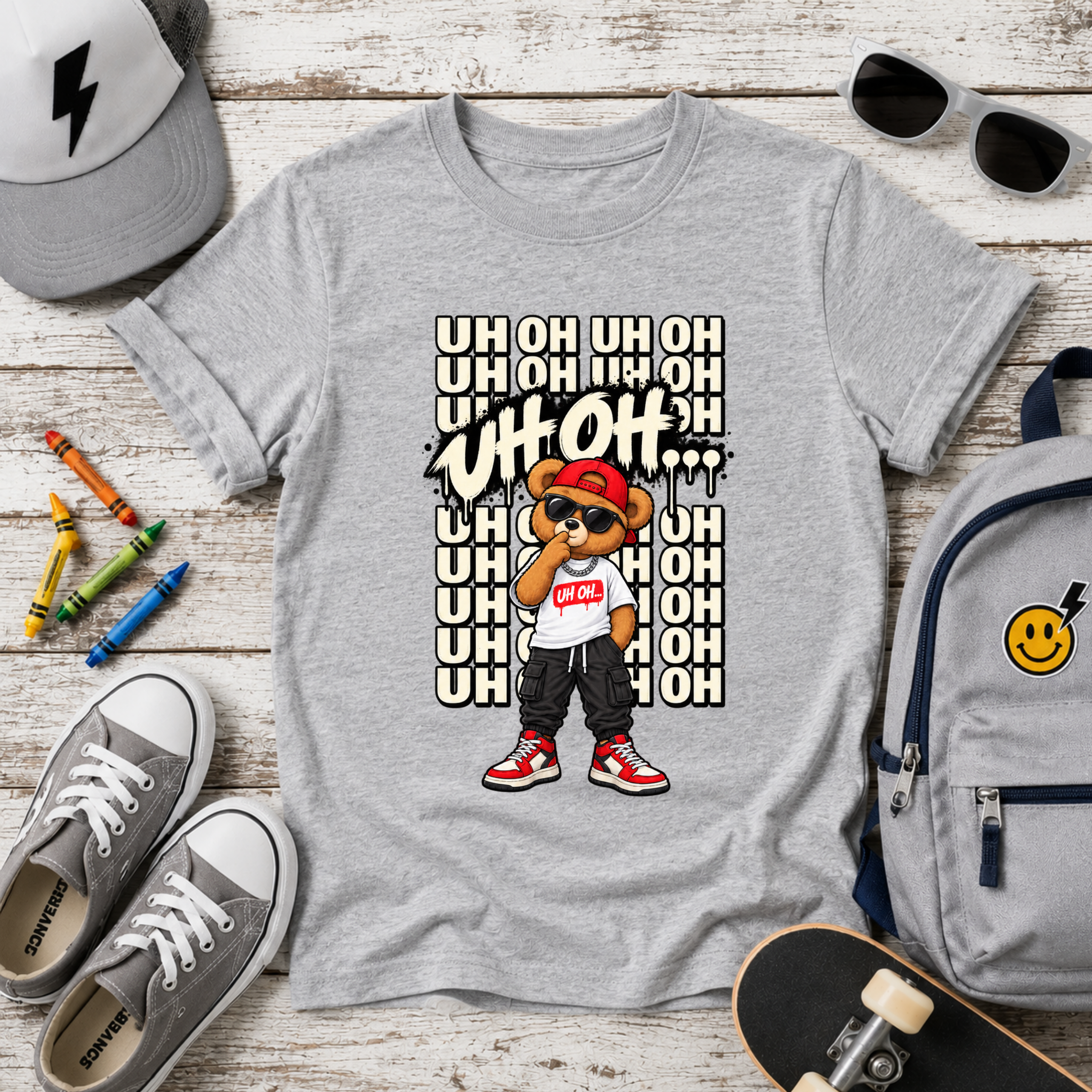 Kids Bear Graphic Tee "Uh Oh" Streetwear Hip-Hop Shirt