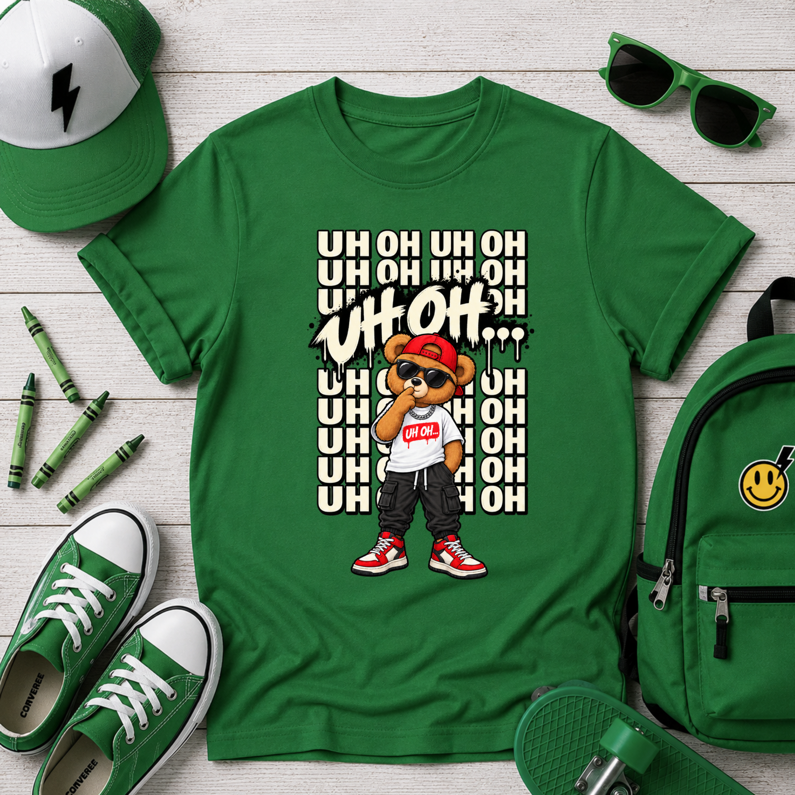 Kids Bear Graphic Tee "Uh Oh" Streetwear Hip-Hop Shirt
