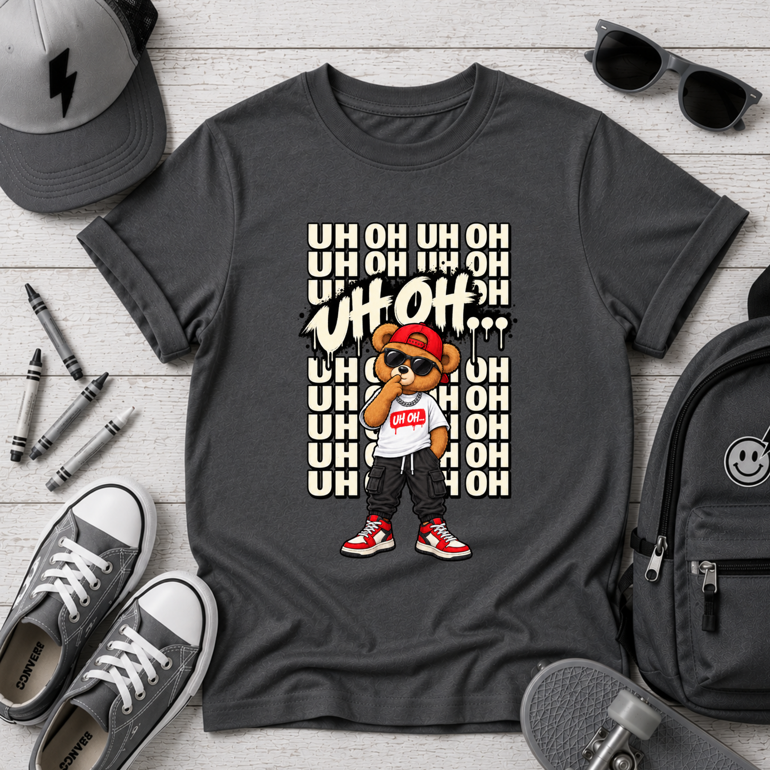 Kids Bear Graphic Tee "Uh Oh" Streetwear Hip-Hop Shirt