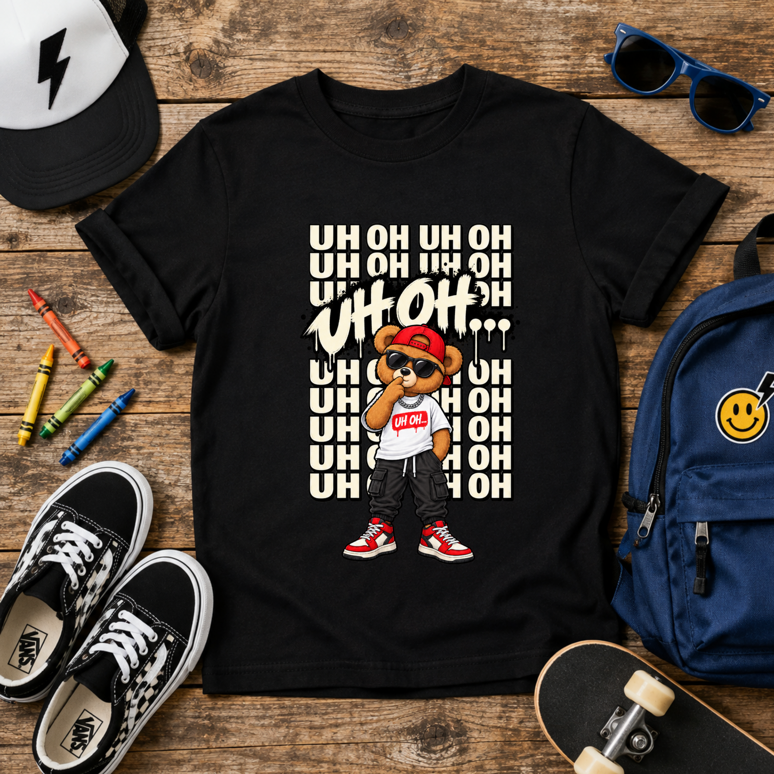 Kids Bear Graphic Tee "Uh Oh" Streetwear Hip-Hop Shirt