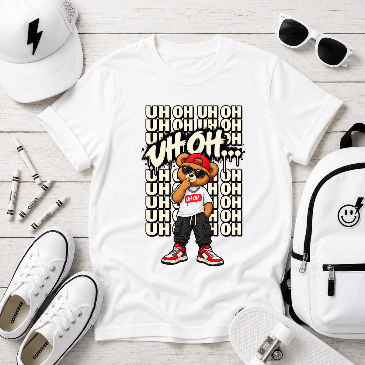 Kids Bear Graphic Tee "Uh Oh" Streetwear Hip-Hop Shirt