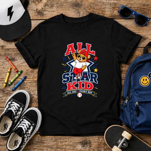 All Star Kid Kids T‑Shirt  Cute Baseball Bear Sports Graphic Tee
