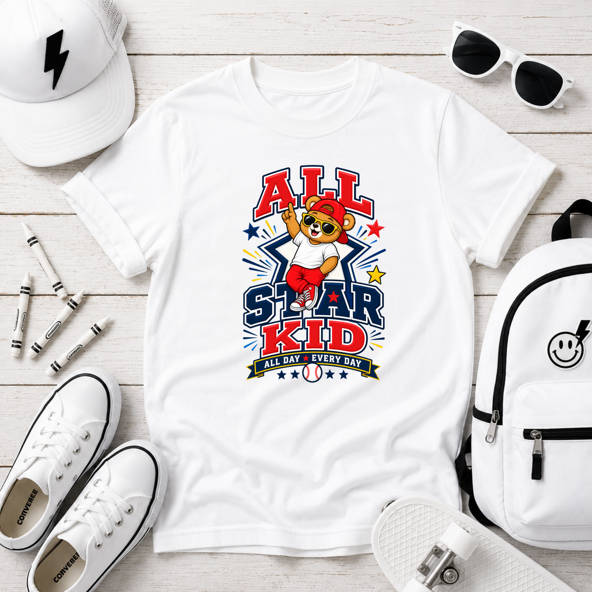 All Star Kid Kids T‑Shirt  Cute Baseball Bear Sports Graphic Tee