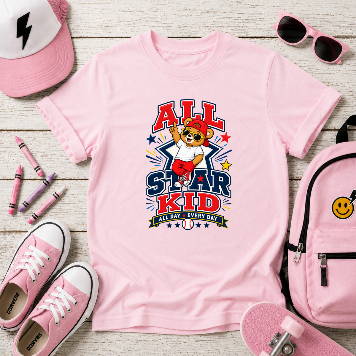All Star Kid Kids T‑Shirt  Cute Baseball Bear Sports Graphic Tee