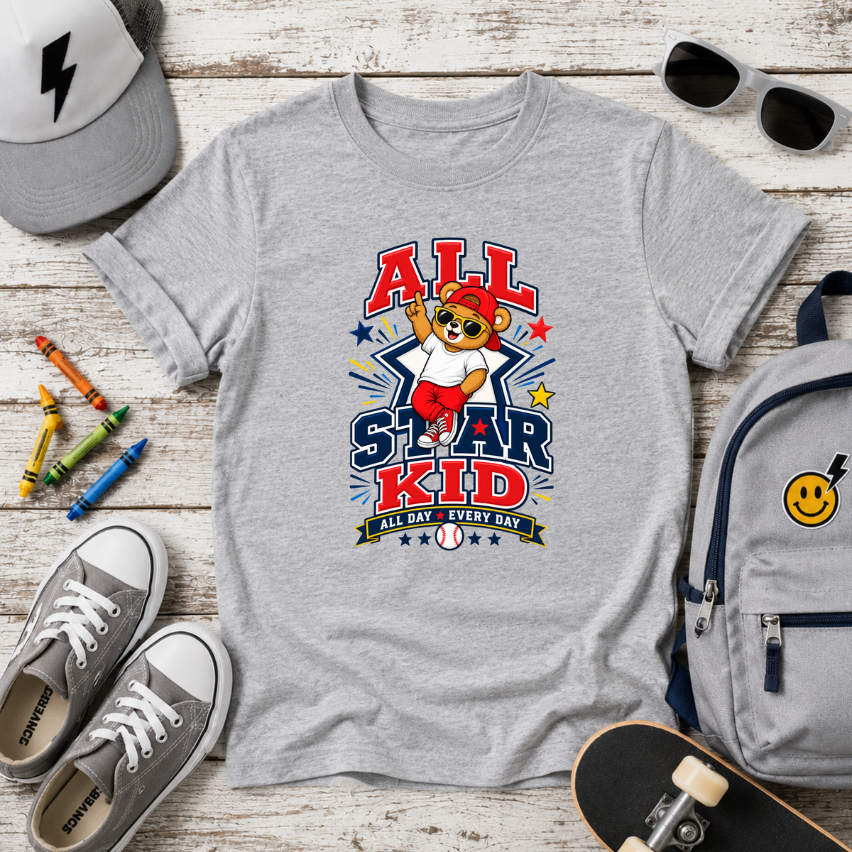 All Star Kid Kids T‑Shirt  Cute Baseball Bear Sports Graphic Tee