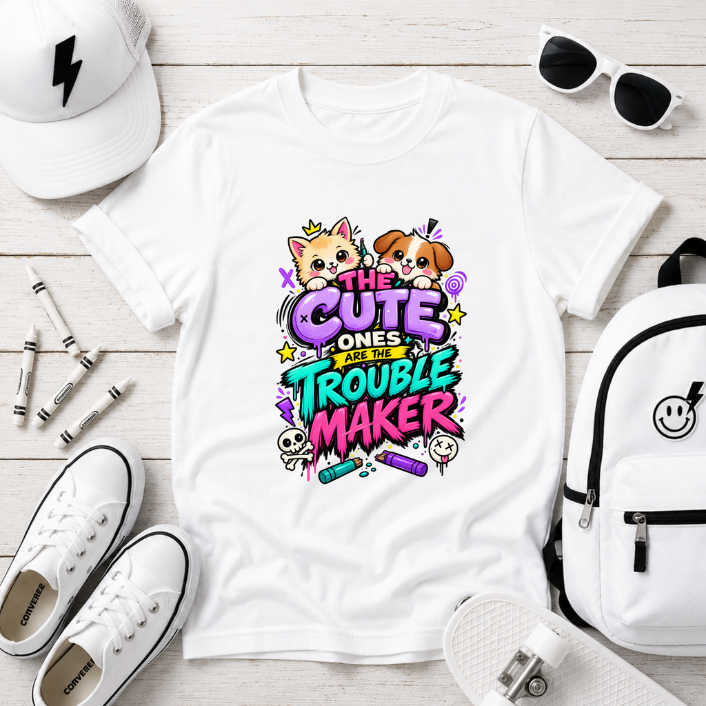 Girls T-Shirt "The Cute Ones Are The Troublemaker" Cute Puppy & Kitten Graphic
