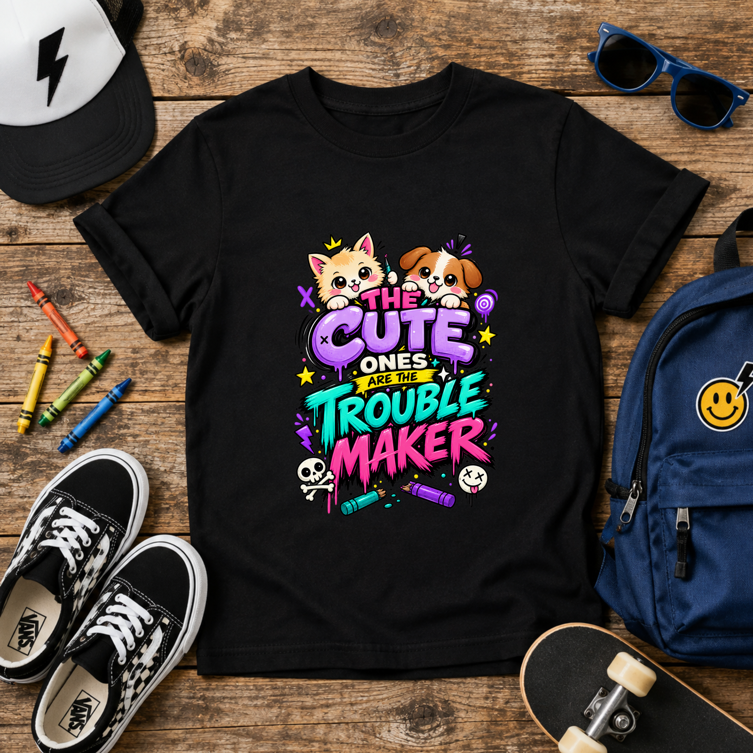 Girls T-Shirt "The Cute Ones Are The Troublemaker" Cute Puppy & Kitten Graphic