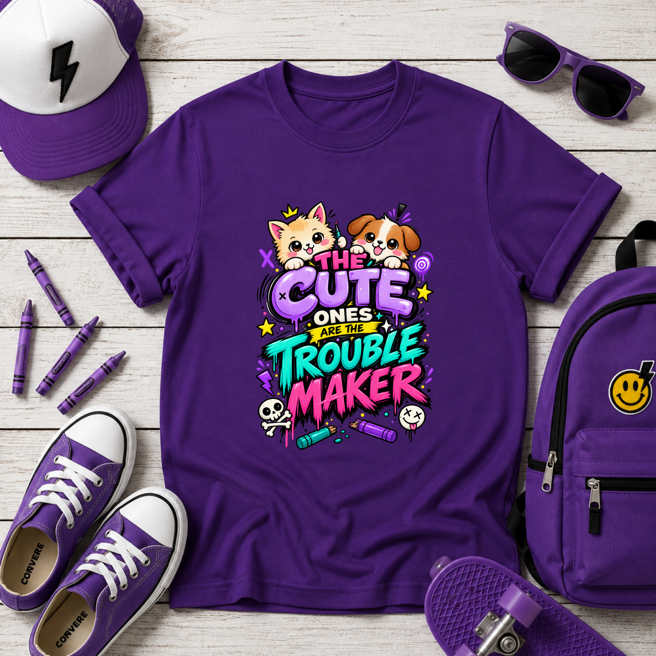 Girls T-Shirt "The Cute Ones Are The Troublemaker" Cute Puppy & Kitten Graphic