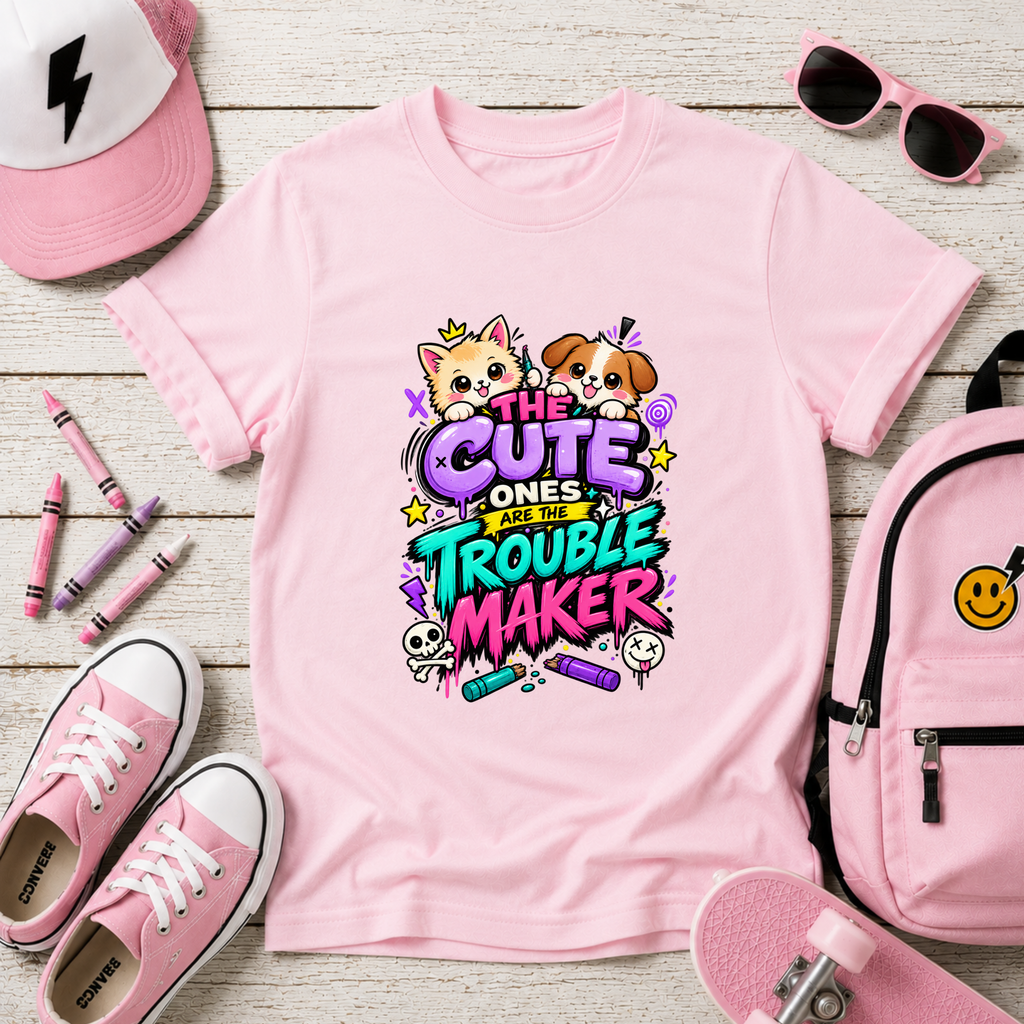 Girls T-Shirt "The Cute Ones Are The Troublemaker" Cute Puppy & Kitten Graphic