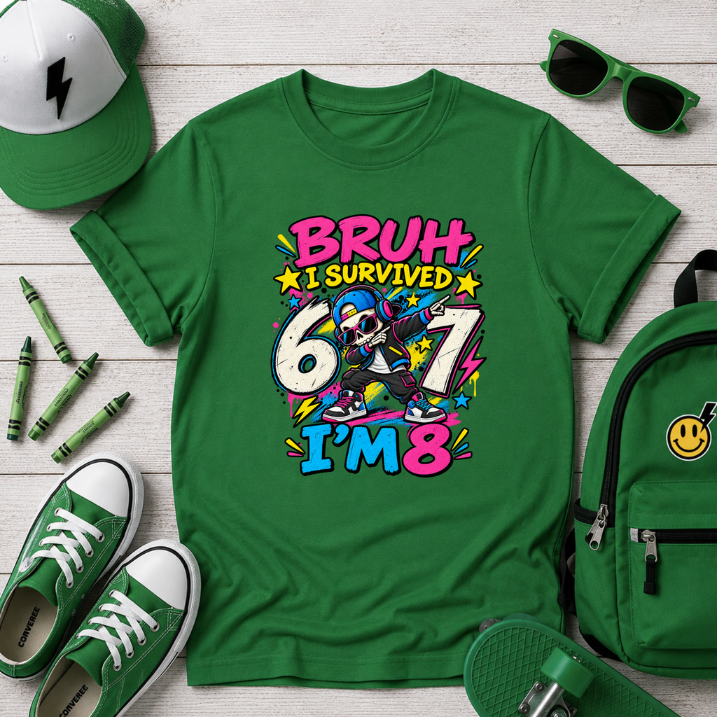 Kids T-Shirt "Bruh I Survived 6 7 I'm 8" Colorful Skate Birthday Tee