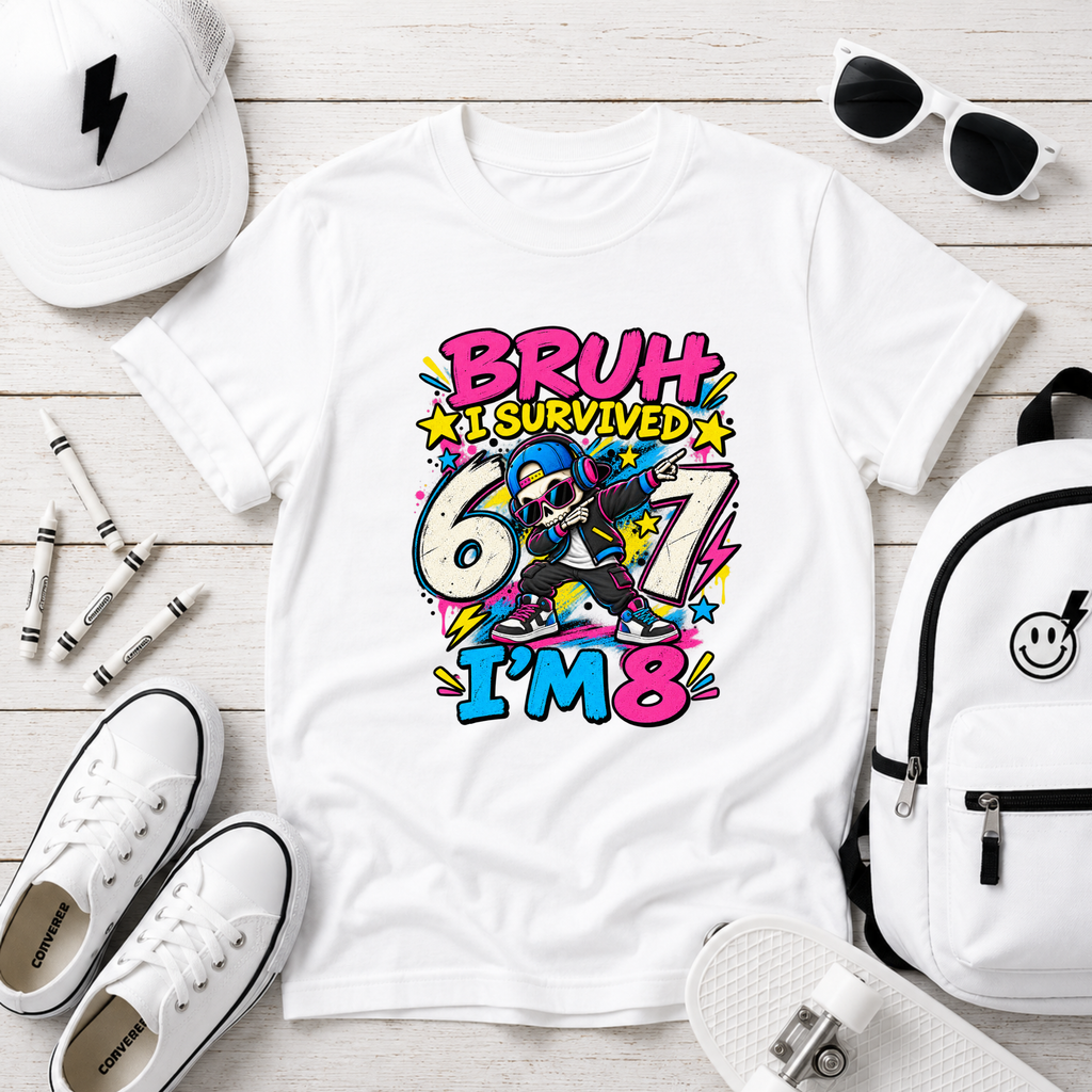 Kids T-Shirt "Bruh I Survived 6 7 I'm 8" Colorful Skate Birthday Tee