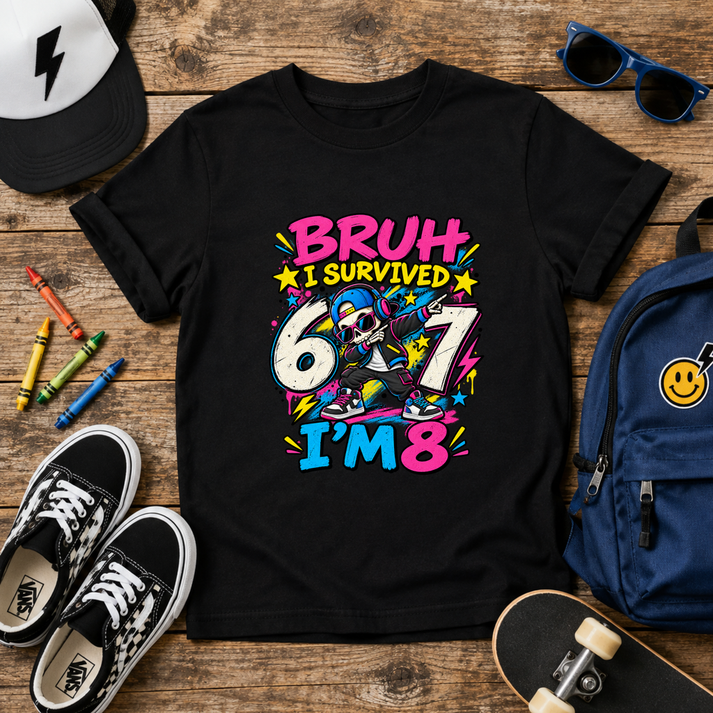 Kids T-Shirt "Bruh I Survived 6 7 I'm 8" Colorful Skate Birthday Tee