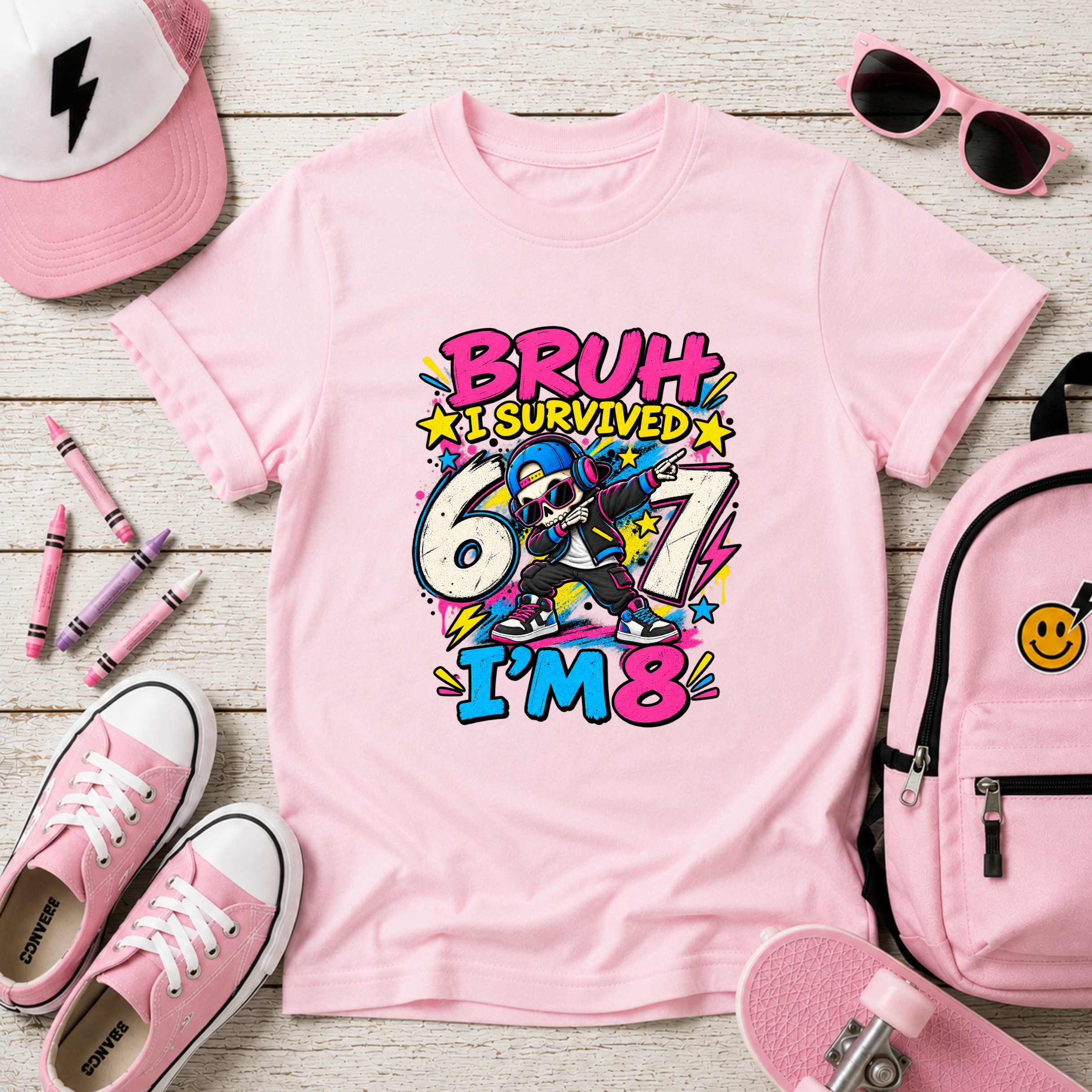 Kids T-Shirt "Bruh I Survived 6 7 I'm 8" Colorful Skate Birthday Tee
