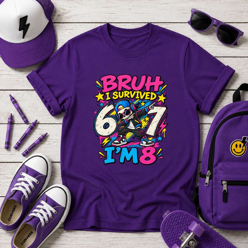 Kids T-Shirt "Bruh I Survived 6 7 I'm 8" Colorful Skate Birthday Tee
