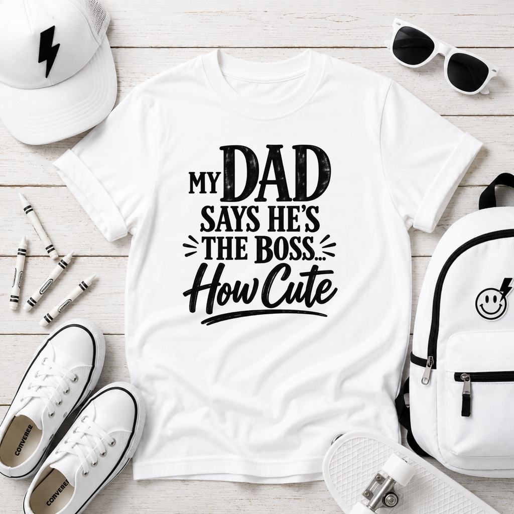 Kids T‑Shirt "My Dad Says He's The Boss How Cute" Funny Father’s Day Tee
