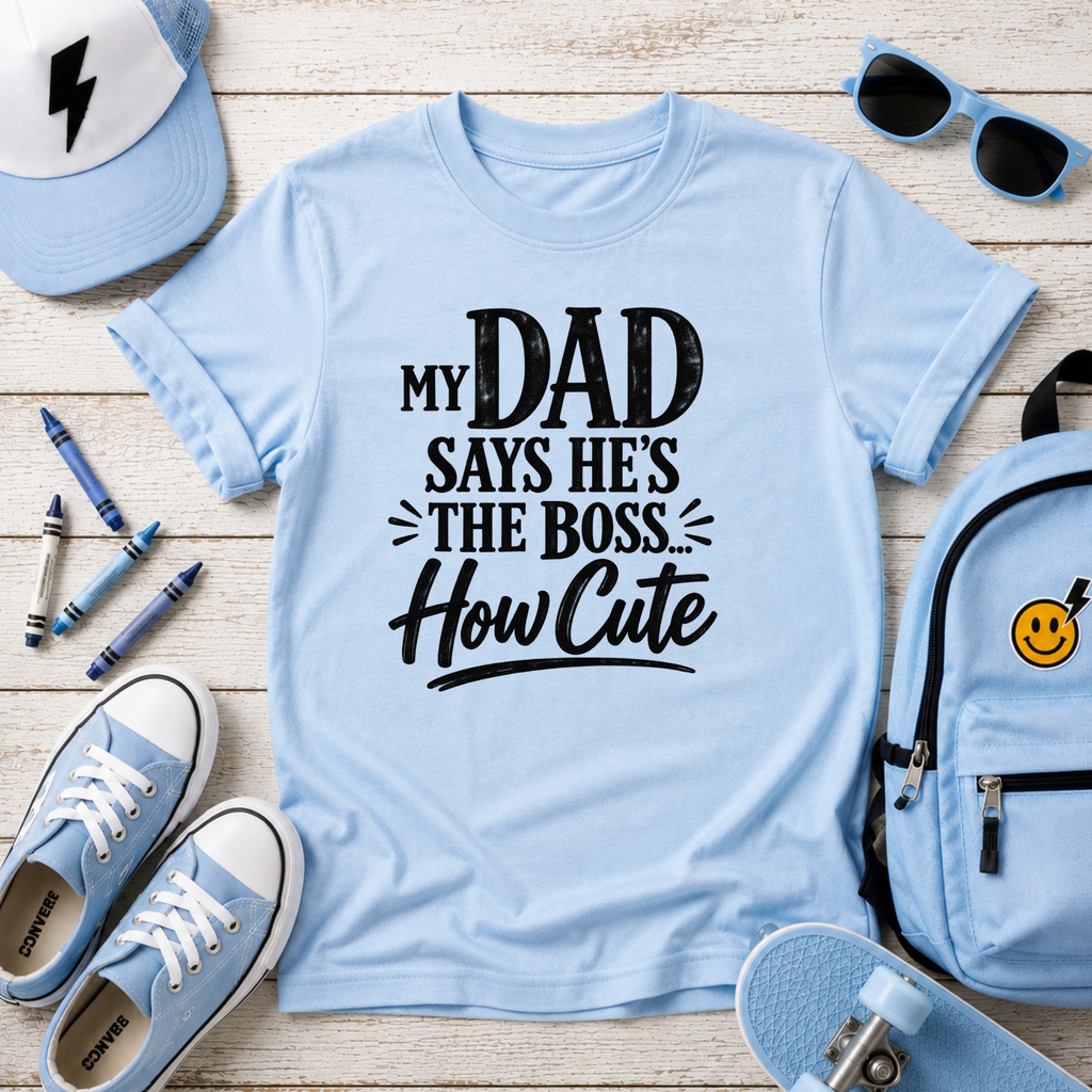 Kids T‑Shirt "My Dad Says He's The Boss How Cute" Funny Father’s Day Tee