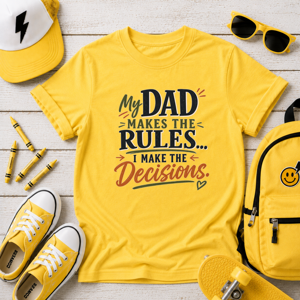 "My Dad Makes the Rules, I Make the Decisions" Kids Cute Father’s Day Tee