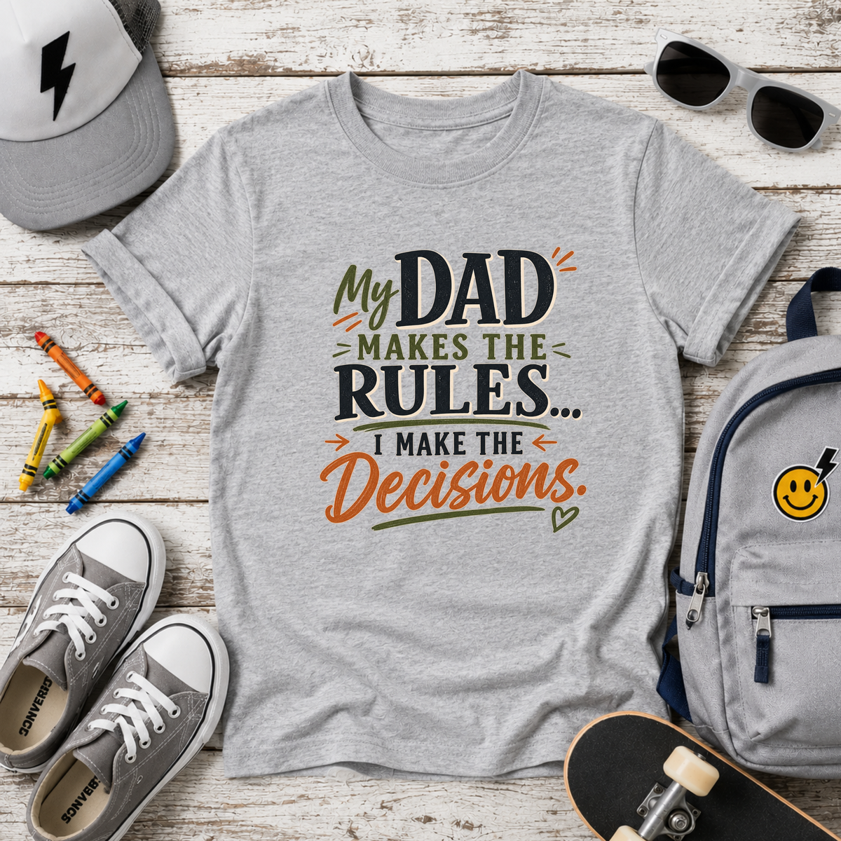 "My Dad Makes the Rules, I Make the Decisions" Kids Cute Father’s Day Tee