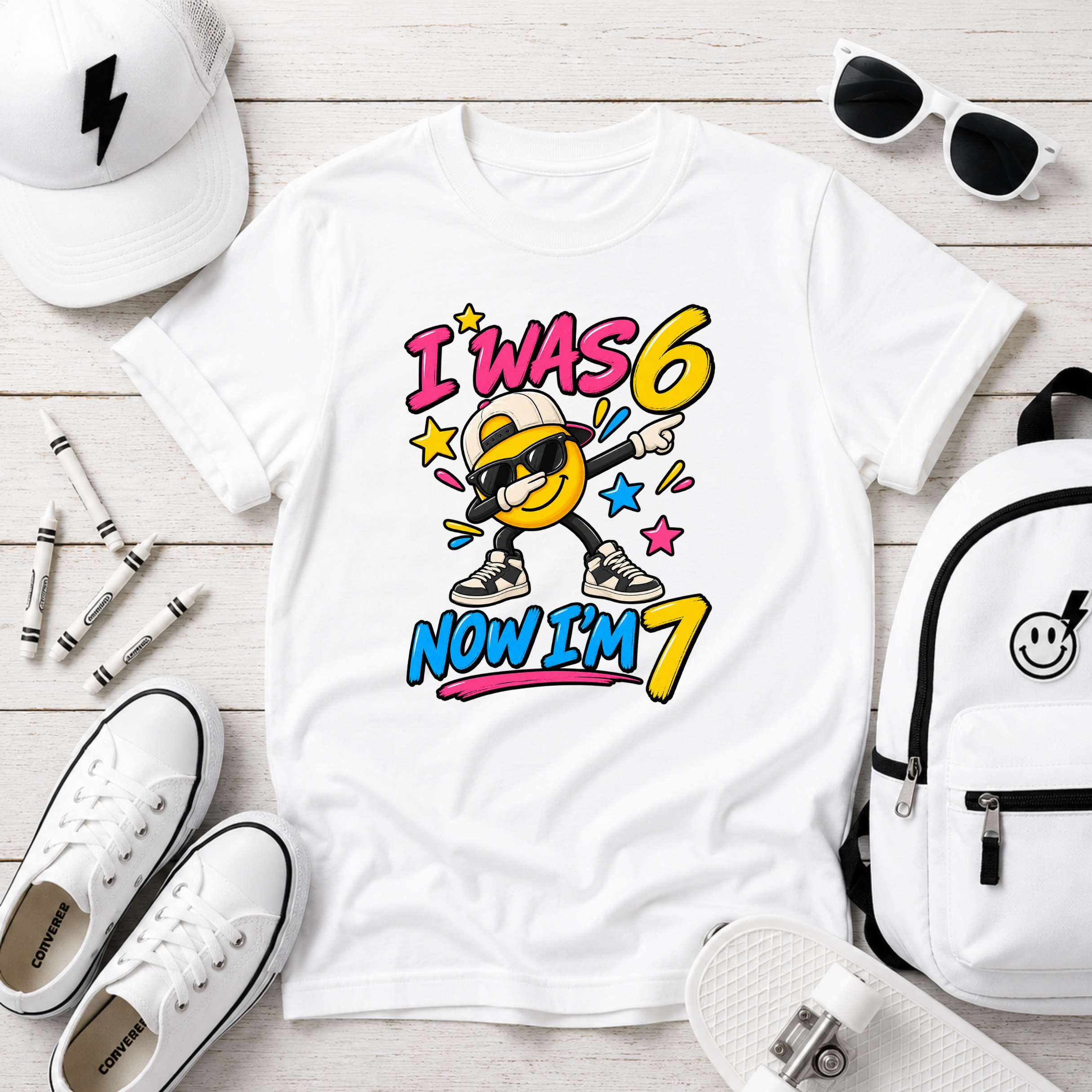 Kids 7th Birthday T‑Shirt "I Was 6 Now I'm 7" Cool Emoji Design
