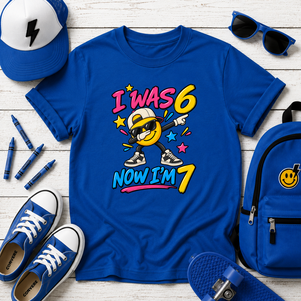 Kids 7th Birthday T‑Shirt "I Was 6 Now I'm 7" Cool Emoji Design