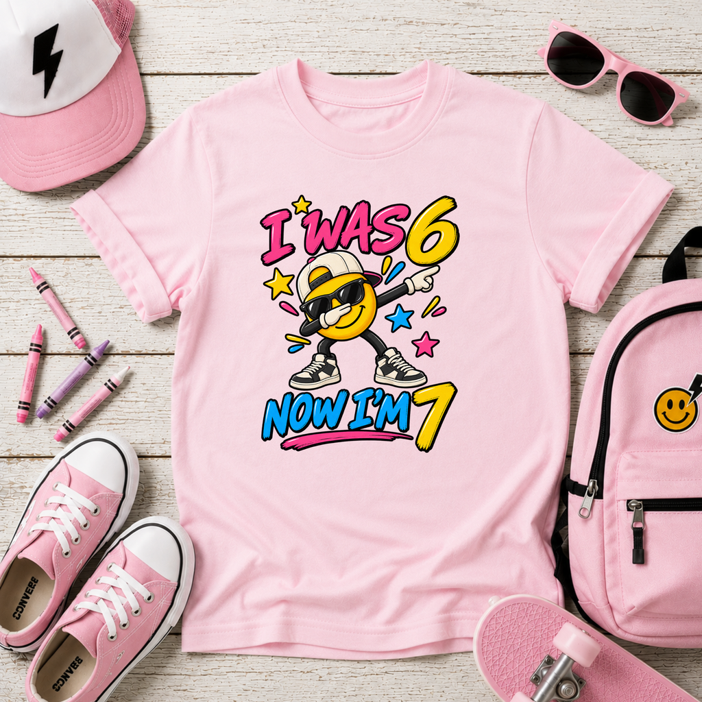 Kids 7th Birthday T‑Shirt "I Was 6 Now I'm 7" Cool Emoji Design