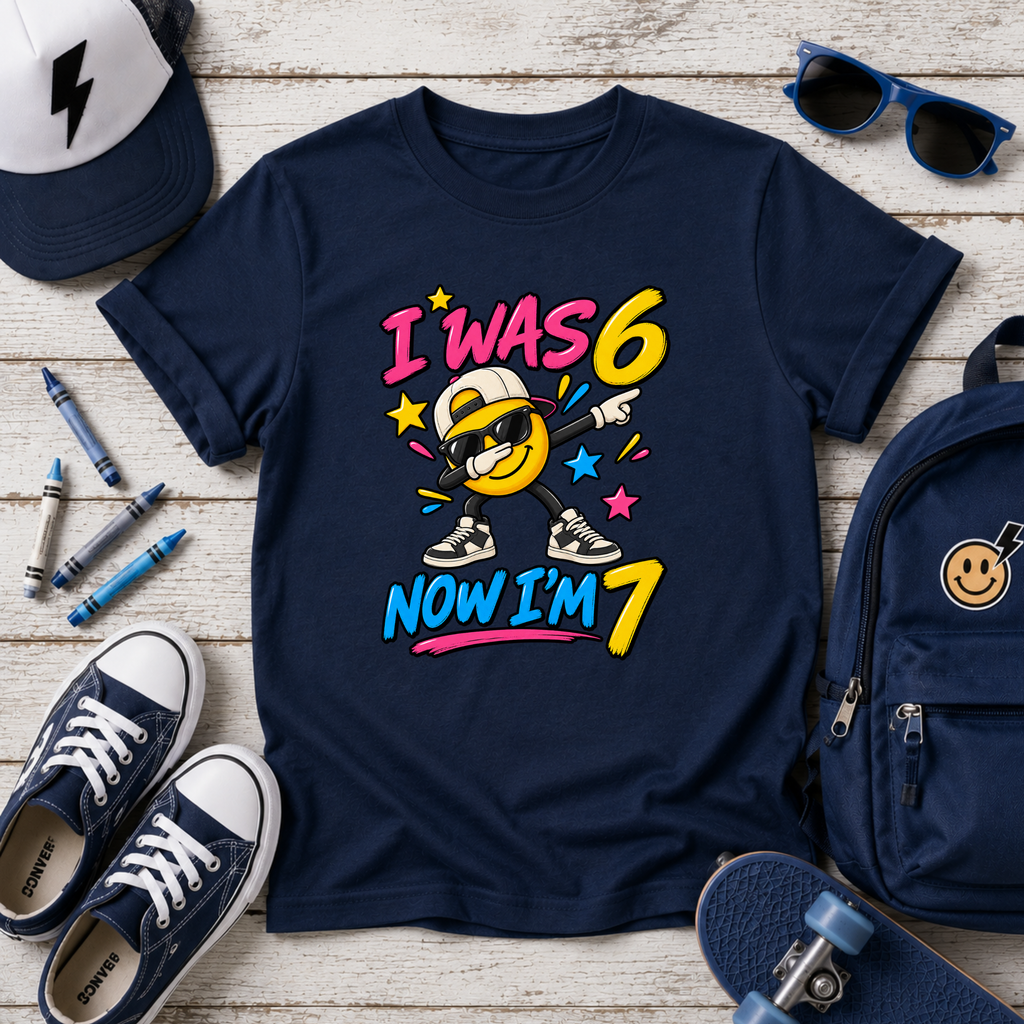 Kids 7th Birthday T‑Shirt "I Was 6 Now I'm 7" Cool Emoji Design