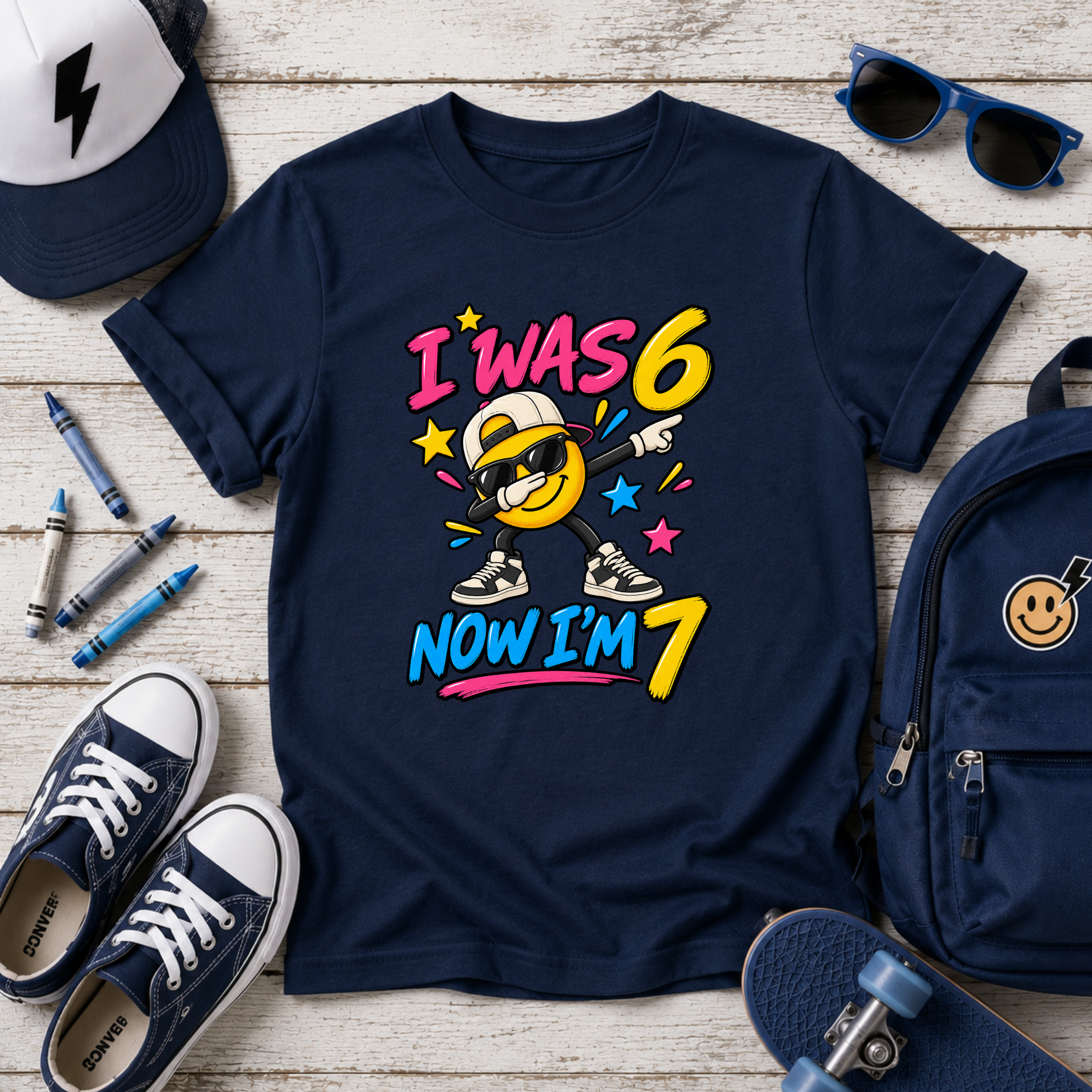 Kids 7th Birthday T‑Shirt "I Was 6 Now I'm 7" Cool Emoji Design