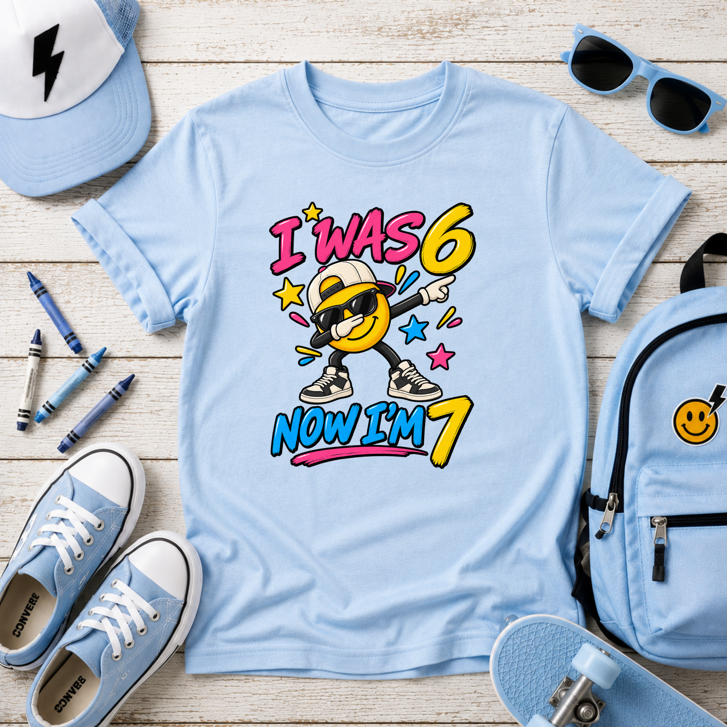 Kids 7th Birthday T‑Shirt "I Was 6 Now I'm 7" Cool Emoji Design