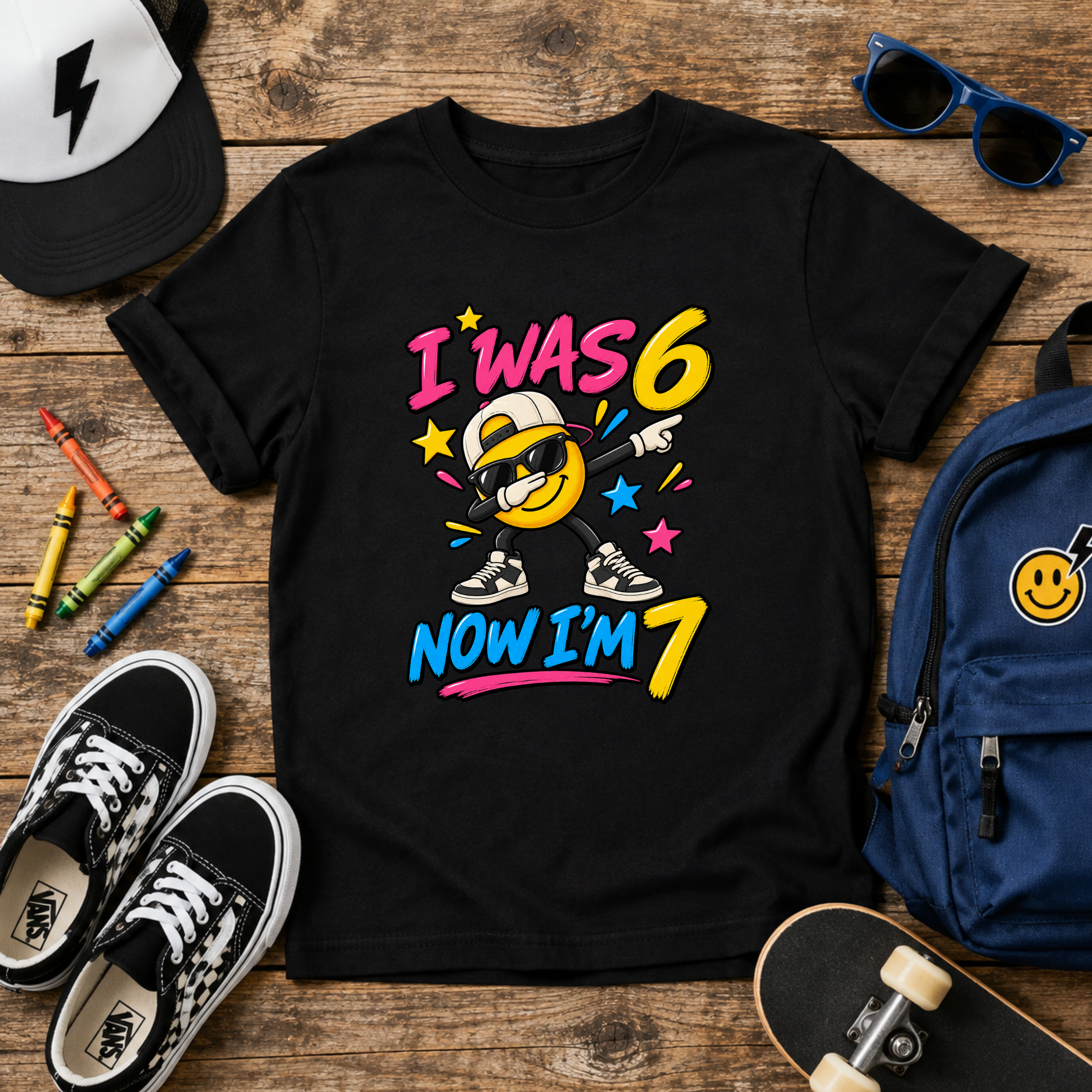 Kids 7th Birthday T‑Shirt "I Was 6 Now I'm 7" Cool Emoji Design
