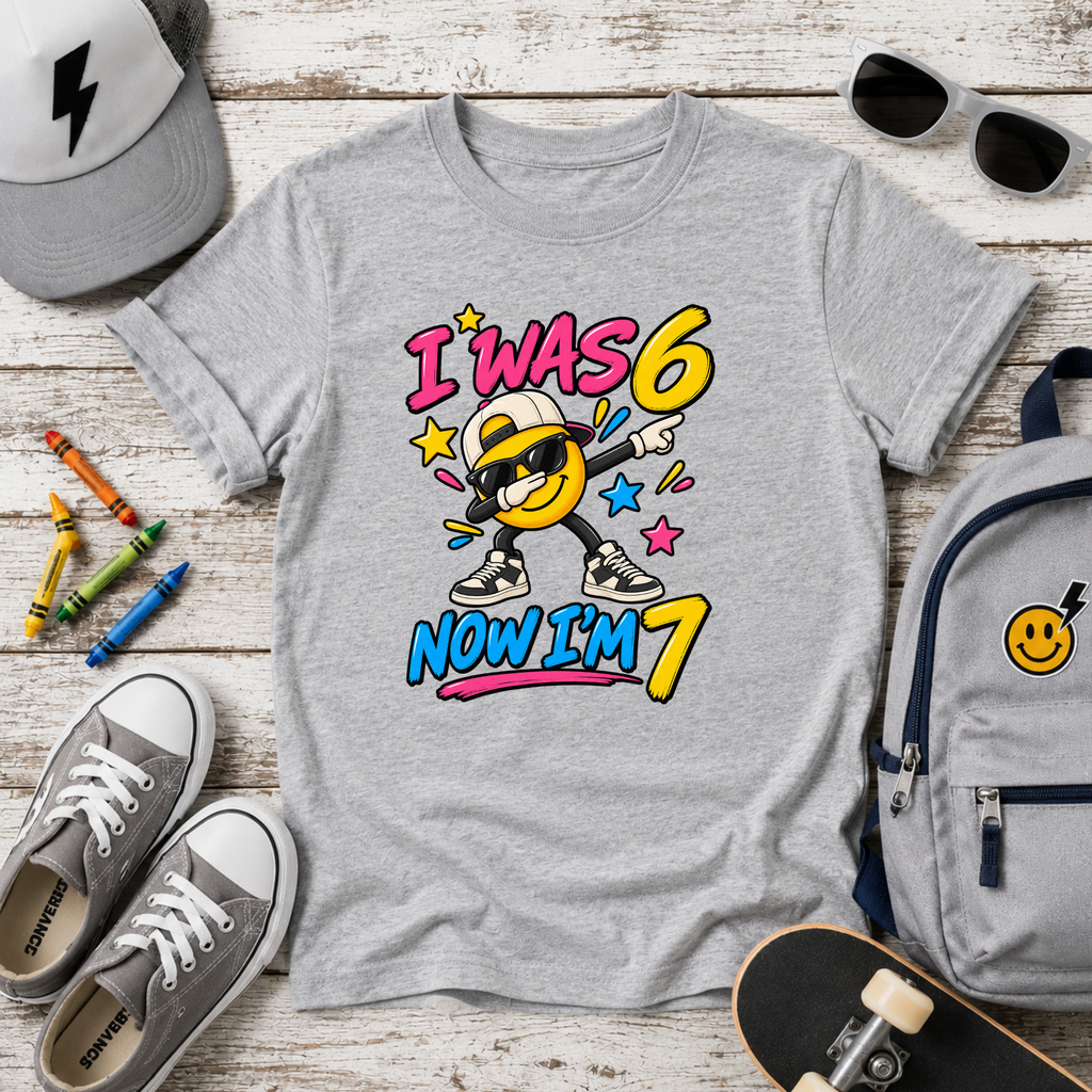 Kids 7th Birthday T‑Shirt "I Was 6 Now I'm 7" Cool Emoji Design