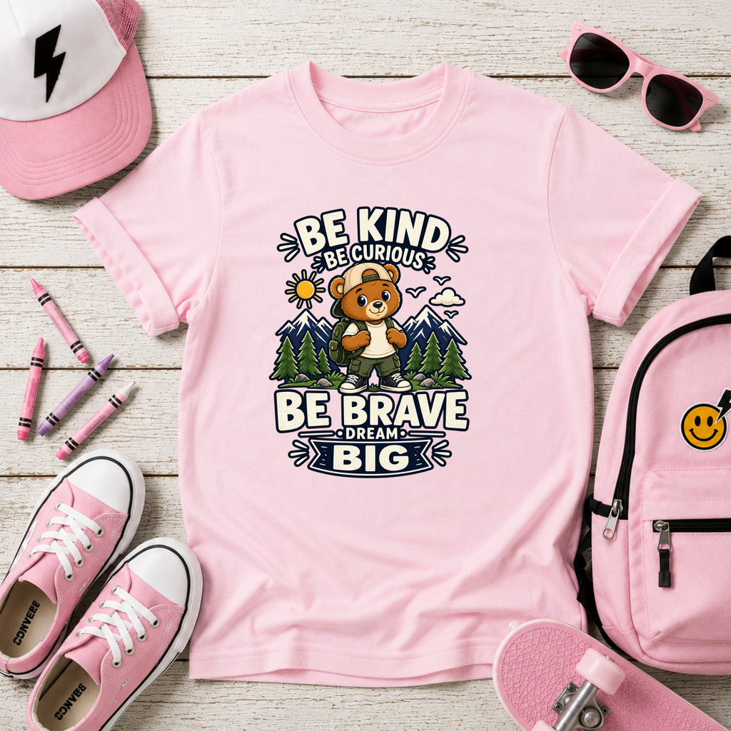 Kids T-Shirt - "Be Kind, Be Curious, Be Brave, Dream Big" Adventure Bear Tee