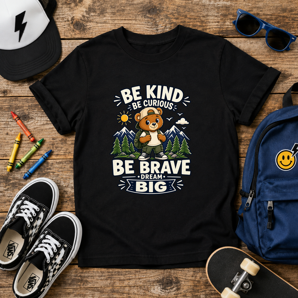 Kids T-Shirt - "Be Kind, Be Curious, Be Brave, Dream Big" Adventure Bear Tee