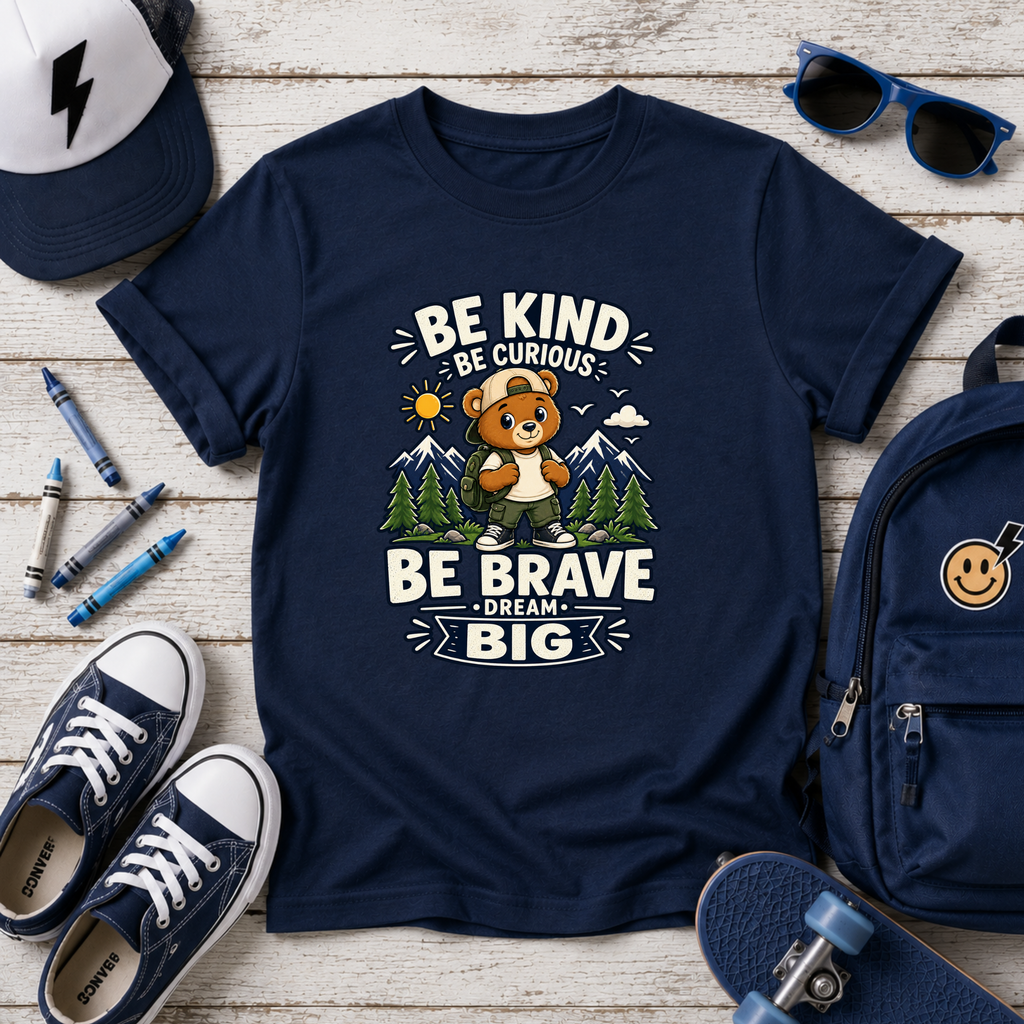 Kids T-Shirt - "Be Kind, Be Curious, Be Brave, Dream Big" Adventure Bear Tee