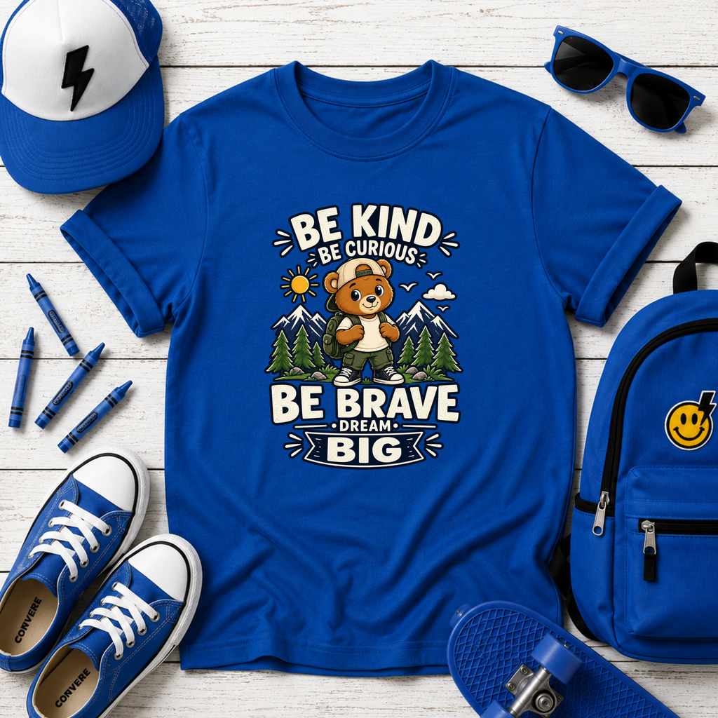 Kids T-Shirt - "Be Kind, Be Curious, Be Brave, Dream Big" Adventure Bear Tee