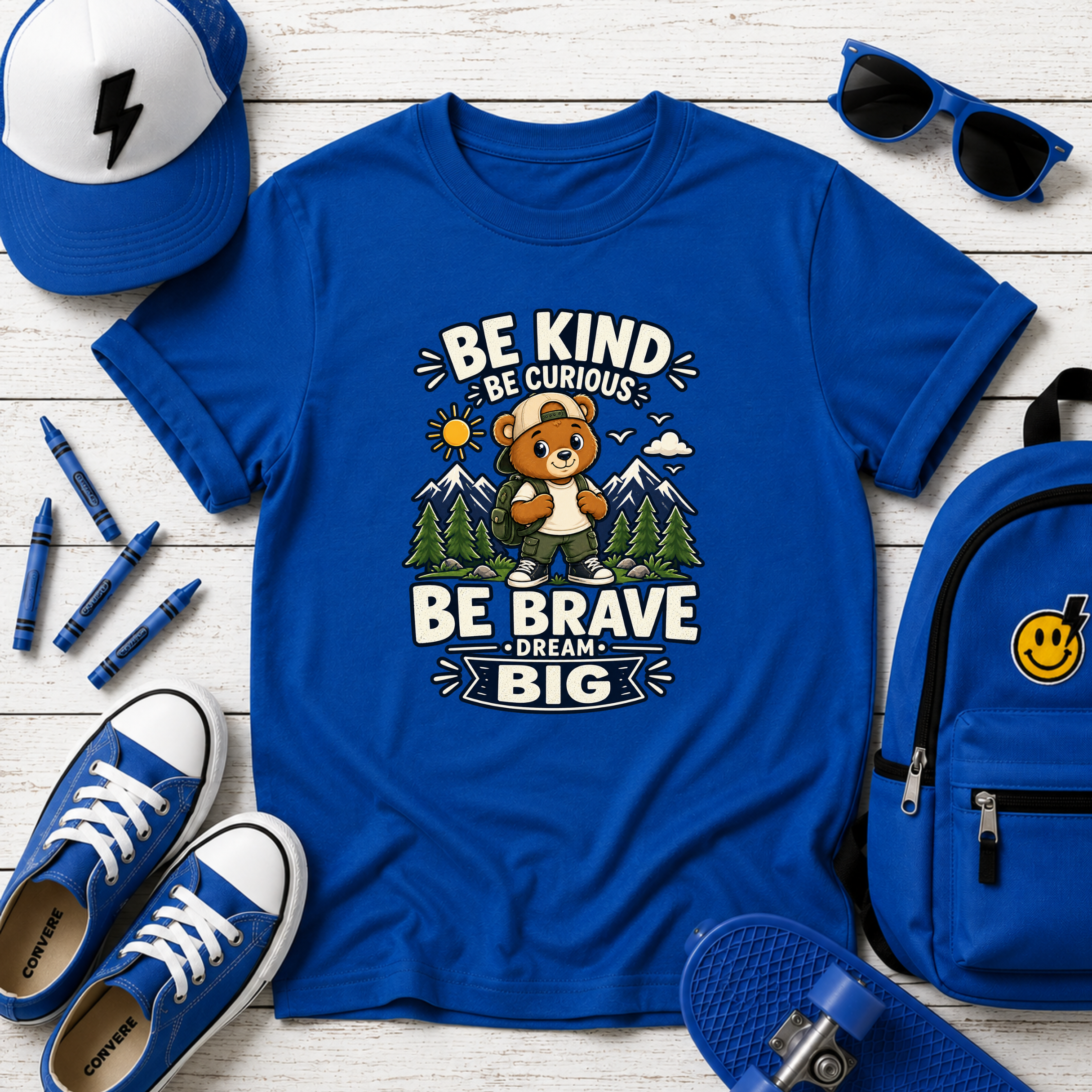 Kids T-Shirt - "Be Kind, Be Curious, Be Brave, Dream Big" Adventure Bear Tee