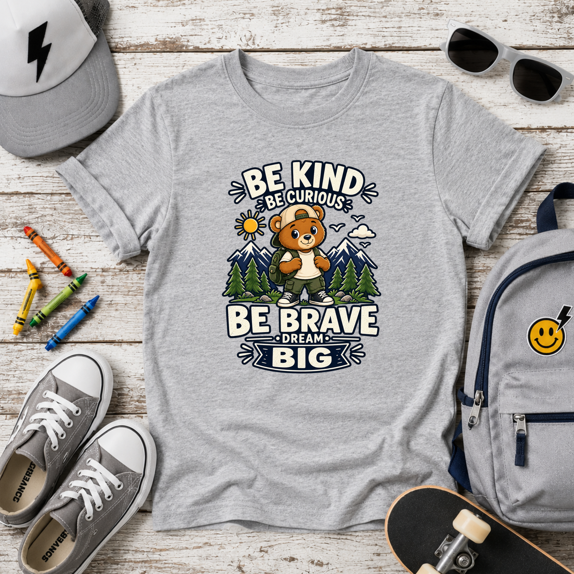 Kids T-Shirt - "Be Kind, Be Curious, Be Brave, Dream Big" Adventure Bear Tee