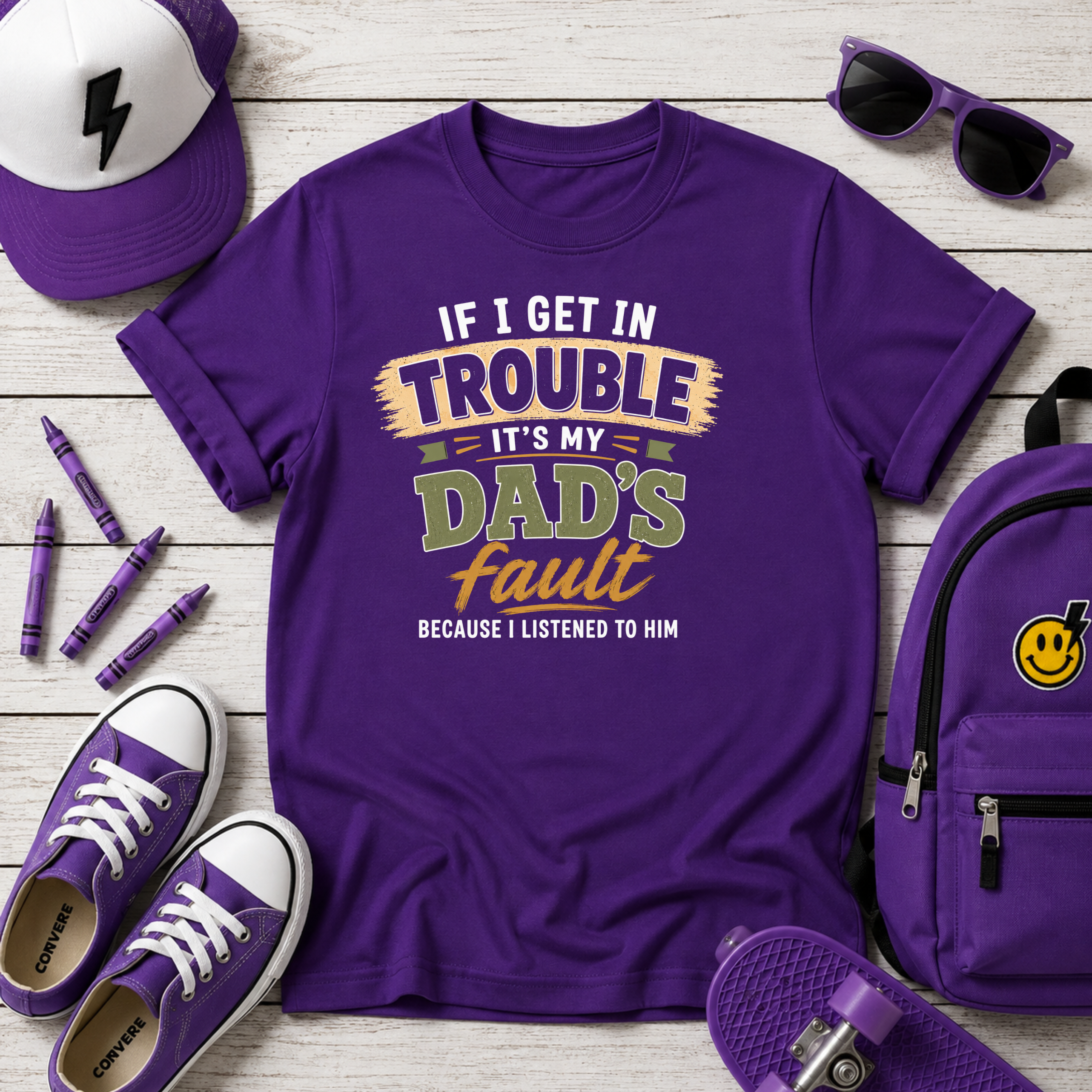 Kids Tee "If I Get In Trouble It's My Dad's Fault" Funny Father's Day Shirt