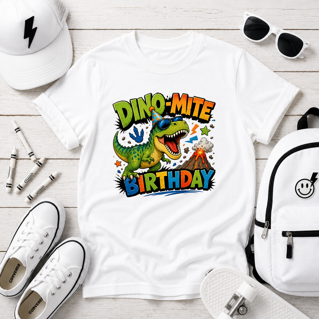 'Dino-Mite Birthday' Colorful Dinosaur Birthday Shirt