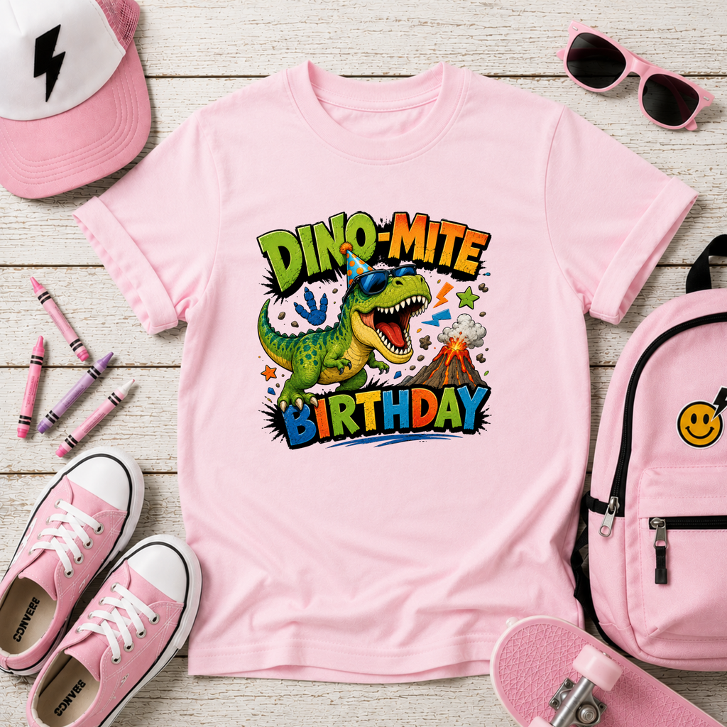'Dino-Mite Birthday' Colorful Dinosaur Birthday Shirt
