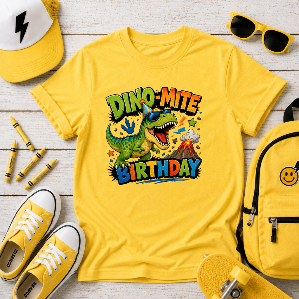 'Dino-Mite Birthday' Colorful Dinosaur Birthday Shirt