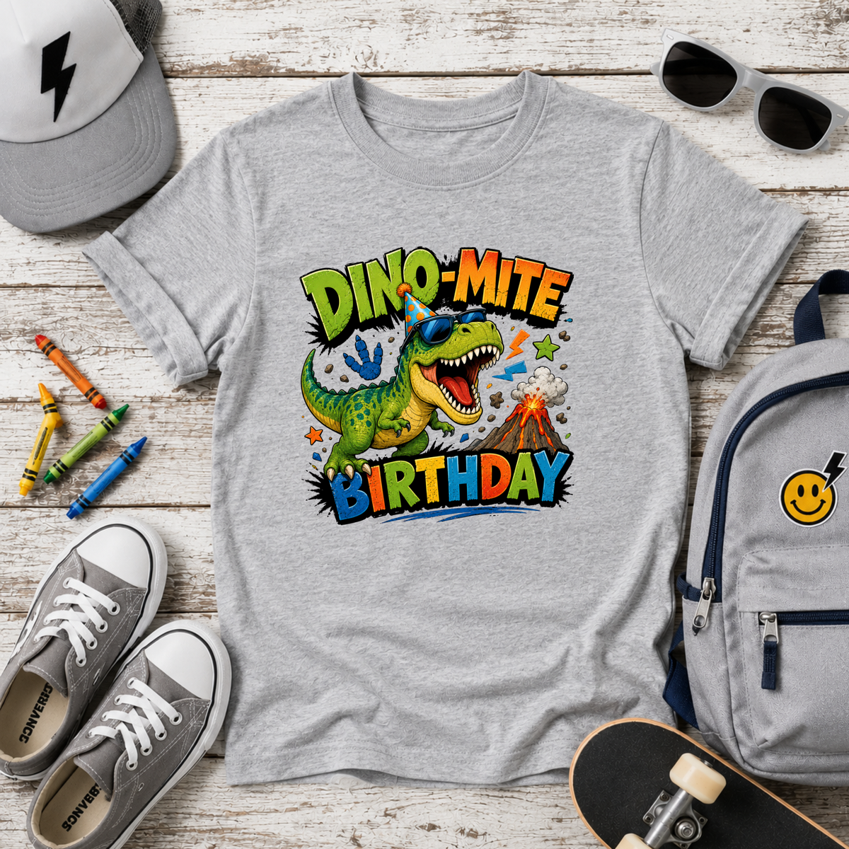 'Dino-Mite Birthday' Colorful Dinosaur Birthday Shirt