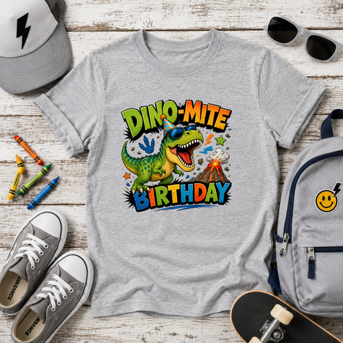 'Dino-Mite Birthday' Colorful Dinosaur Birthday Shirt for Boys & Girls