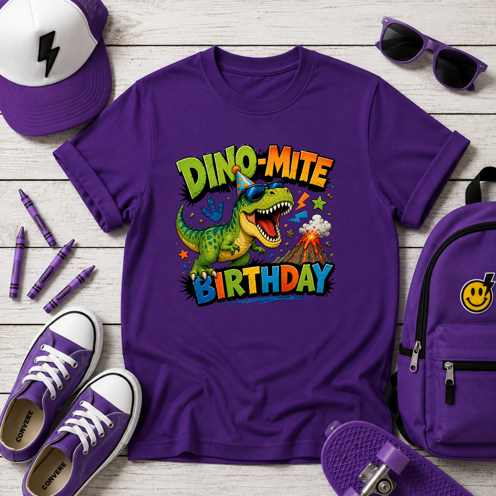 'Dino-Mite Birthday' Colorful Dinosaur Birthday Shirt