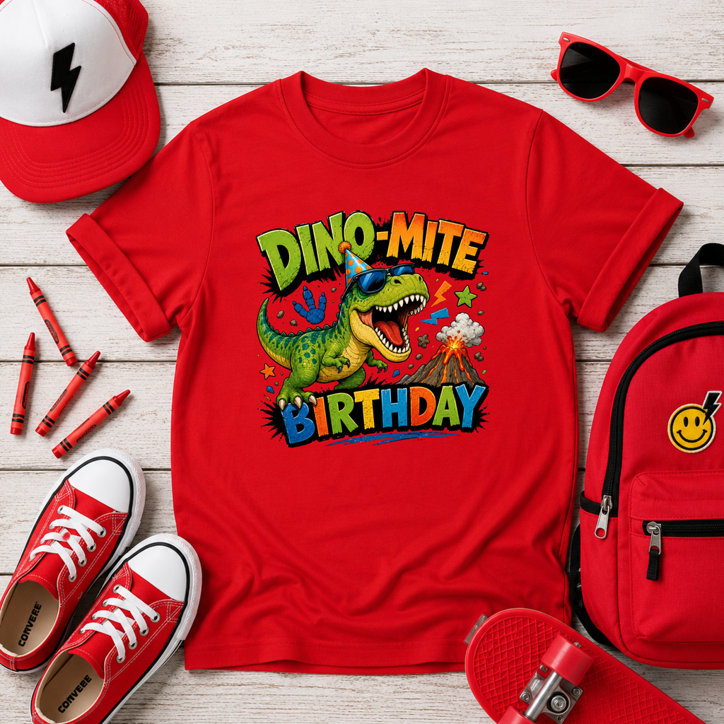 'Dino-Mite Birthday' Colorful Dinosaur Birthday Shirt
