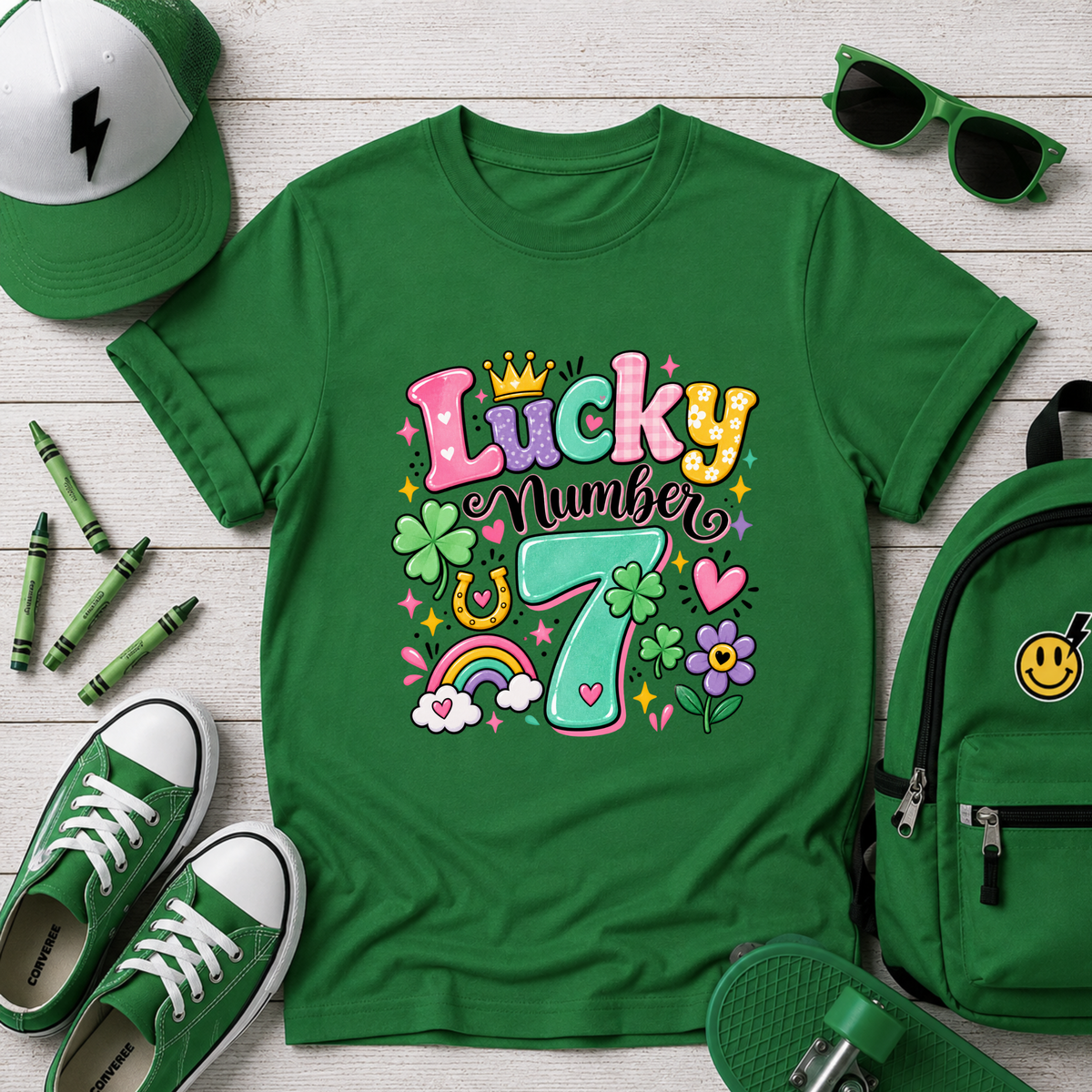 Girls "Lucky Number 7" T-Shirt Cute St. Patrick's Day Rainbow & Clover Tee