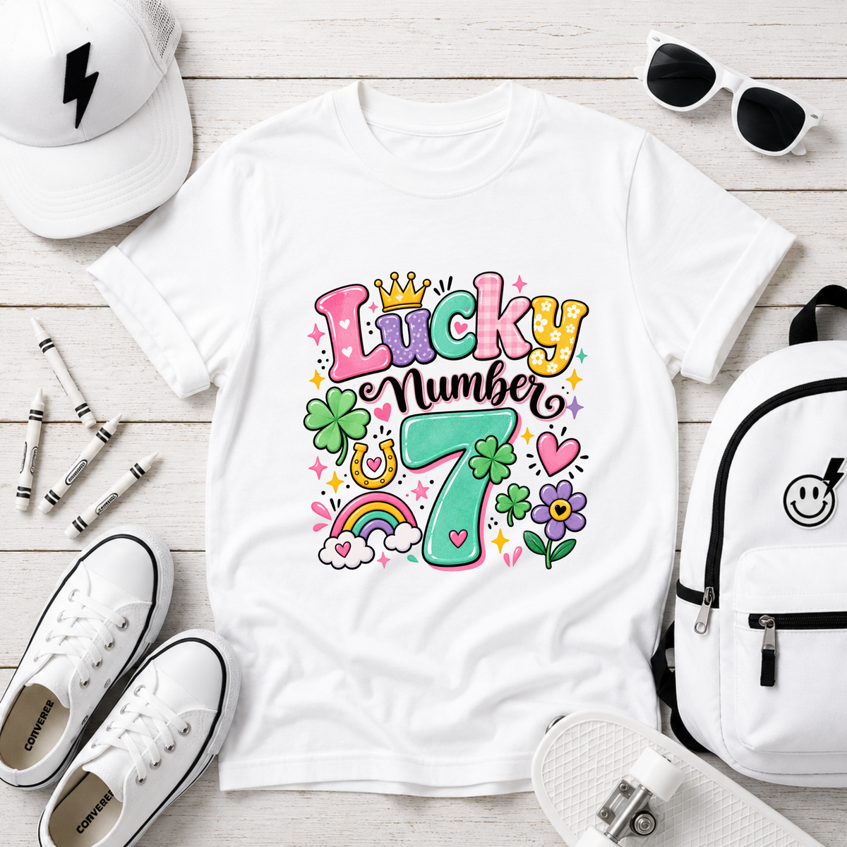 Girls "Lucky Number 7" T-Shirt Cute St. Patrick's Day Rainbow & Clover Tee
