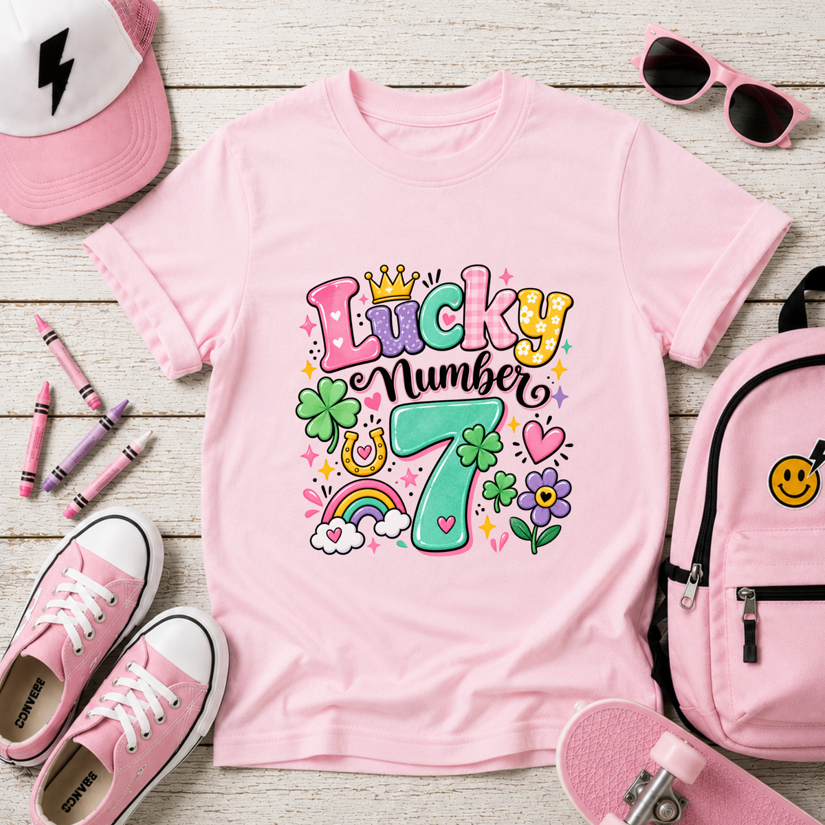 Girls "Lucky Number 7" T-Shirt Cute St. Patrick's Day Rainbow & Clover Tee